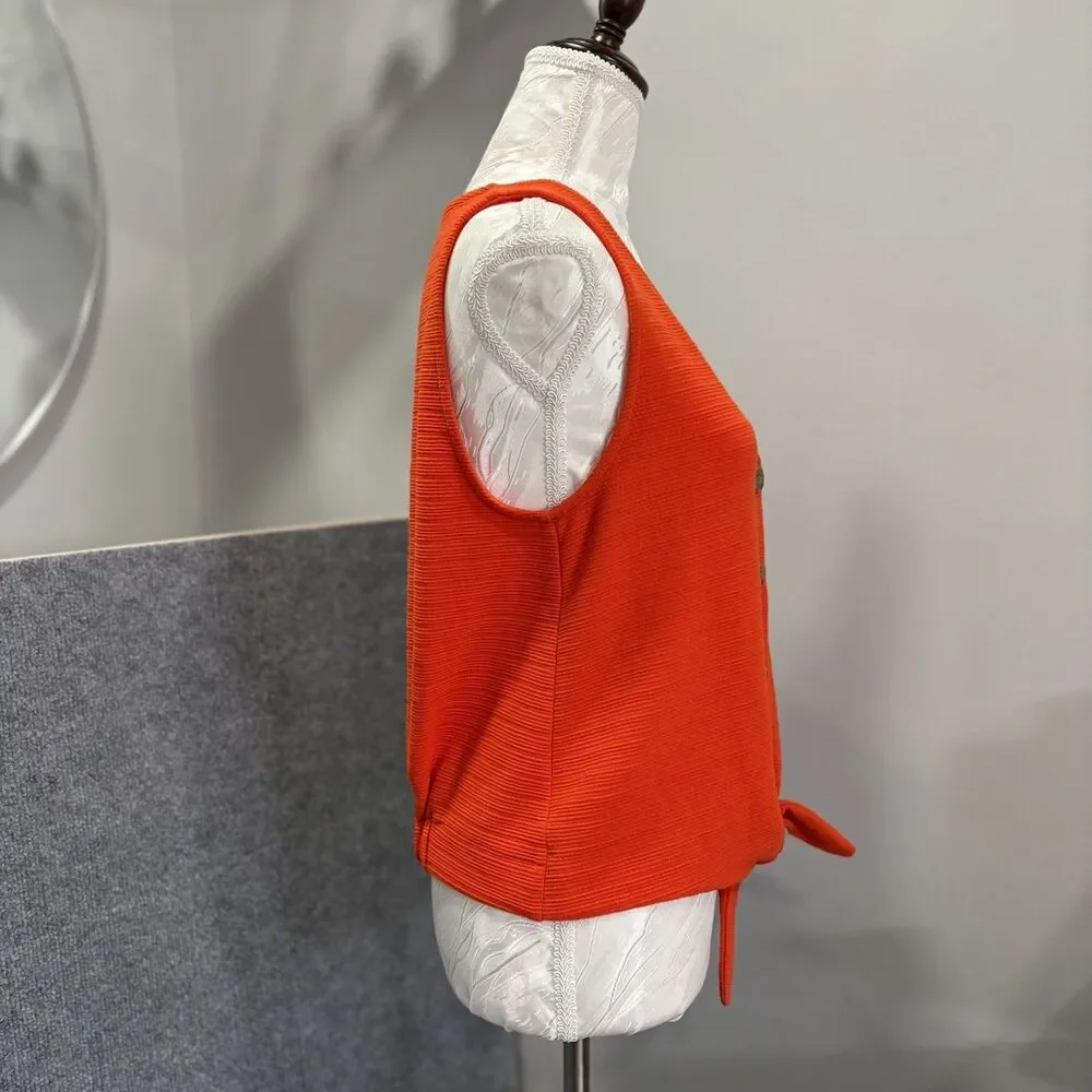 J Crew Orange Red Ribbed Knit Button Down Tie Front Tank Top Sleeveless Shirt S